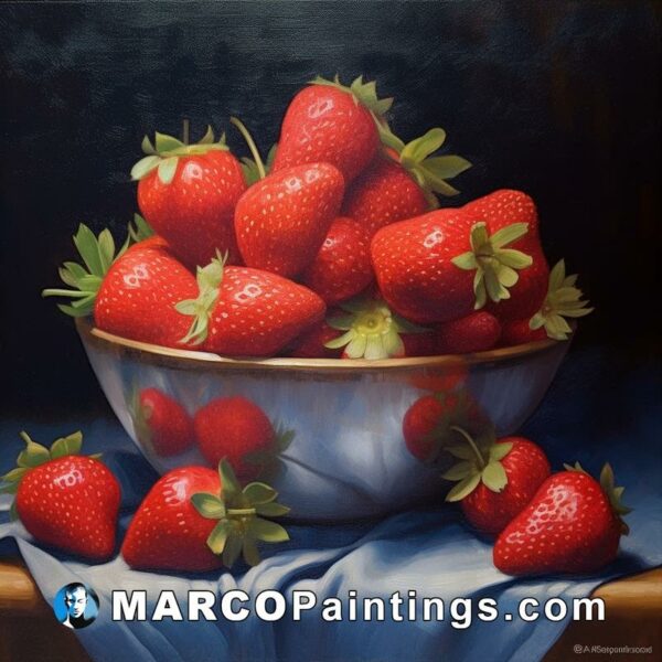 Strawberries in a bowl with blue fabric