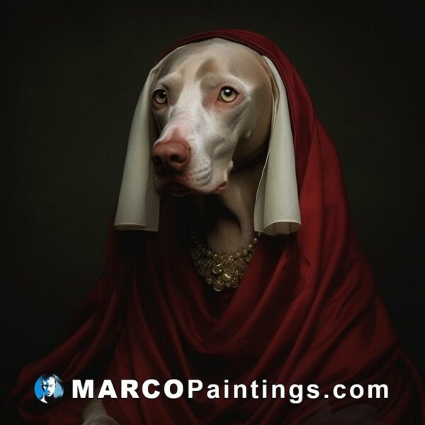 The artist created a portrait with a dog wearing a red shawl
