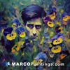 The artist is surrounded by purple and yellow pansies