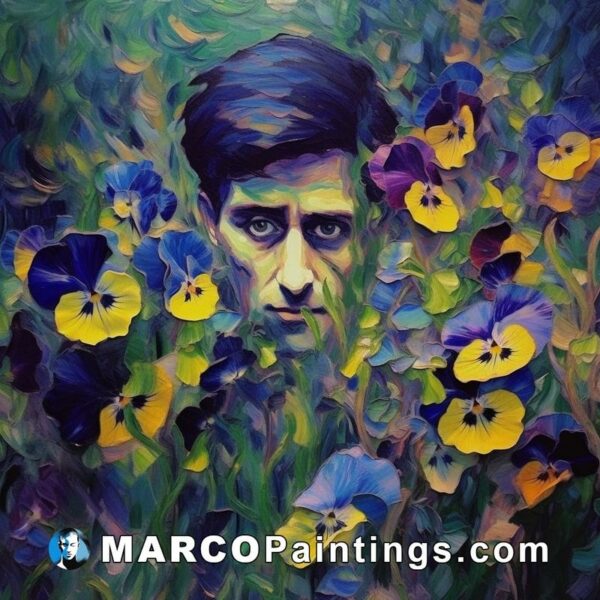 The artist is surrounded by purple and yellow pansies