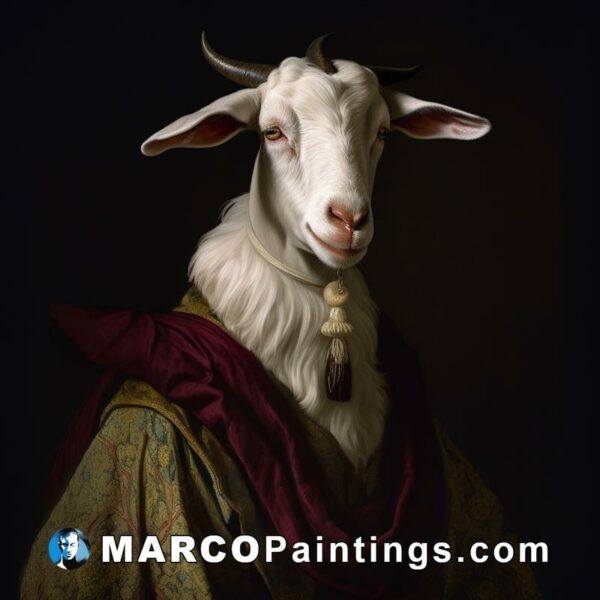 The artwork is portrait of a goat in a medieval outfit with a red cloak