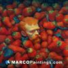 The artwork'red nose strawberry' from janine dion is an oil painting of a man that is surrounded by a bunch of strawberries