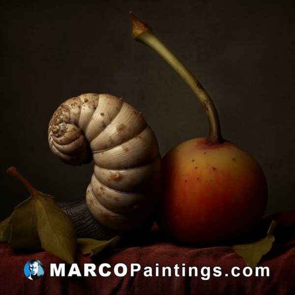 The black and white image is of an apple and a snail