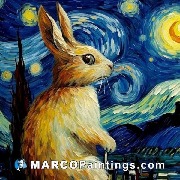 The canvas painting shows a rabbit standing in front of the starry sky