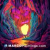 The colorful illustration of a cave with two people in the middle of it