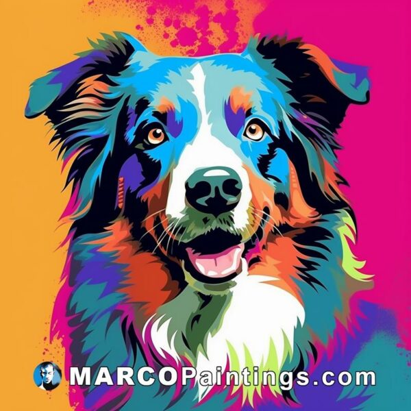 The dog with the bright colors is painted on a colorful background
