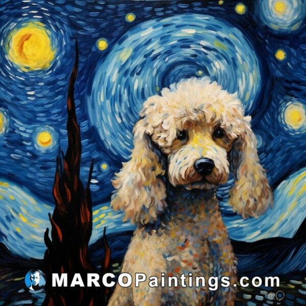 The image of a poodle sitting at night next to big starry night