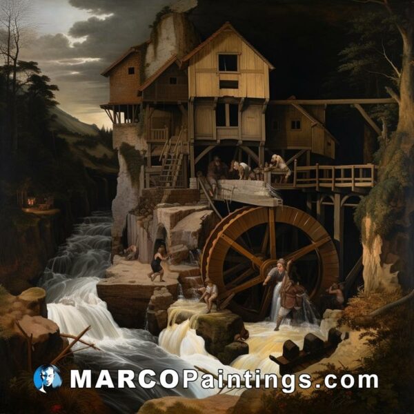 The mill in a painting with the water flowing over and around the watermill