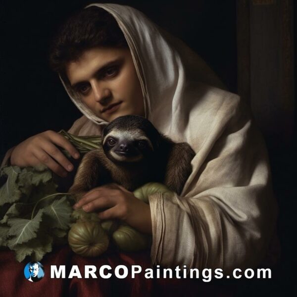 The mother holding a sloth and vegetables