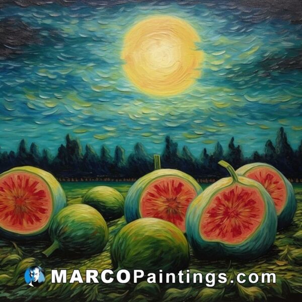 The night glows by a painting of figs in an open field
