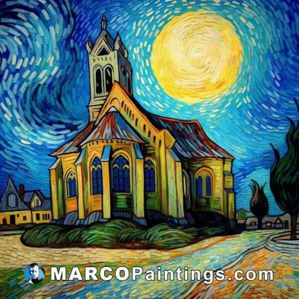 The painter vangogh's church at night is painted with a lot of light