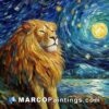 The painting depicts a lion looking at the night sky