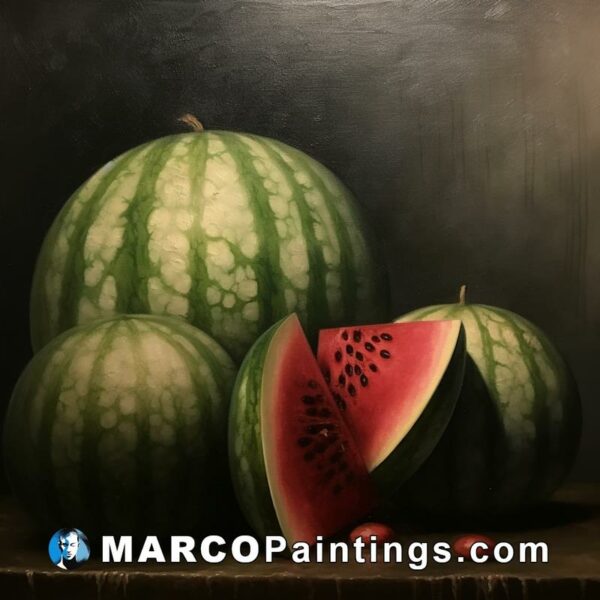 The painting encapsulates three watermelons on a table