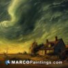 The painting features a farm with trees surrounded by storm clouds