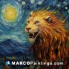 The painting features a lion with a starry sky