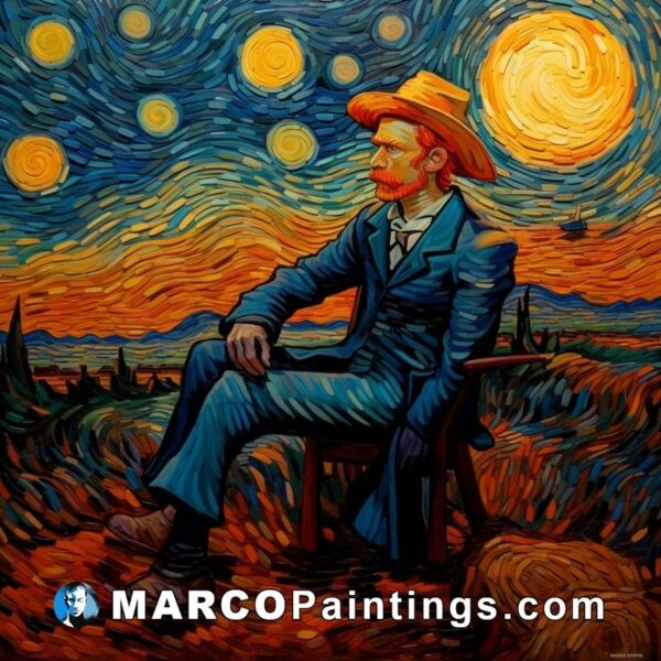 The painting features a man in black in a hat in front of the starry sky