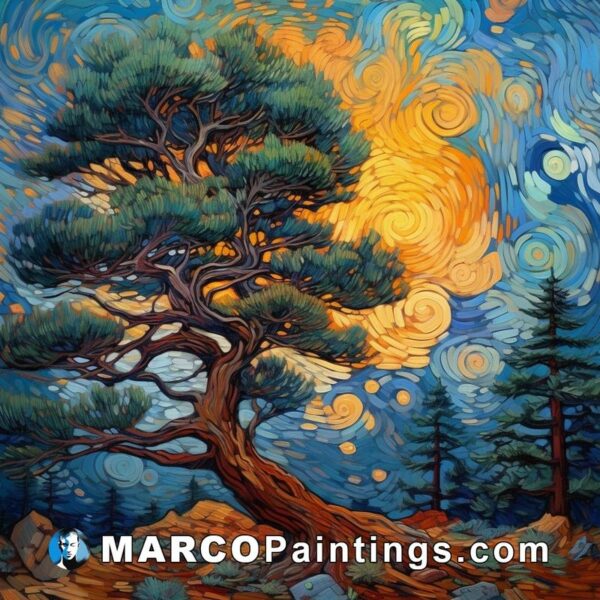 The painting features a pine tree on a hill with colorful stars