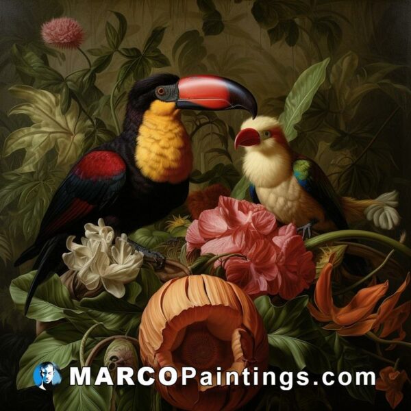 The painting has two birds sitting next to flowers