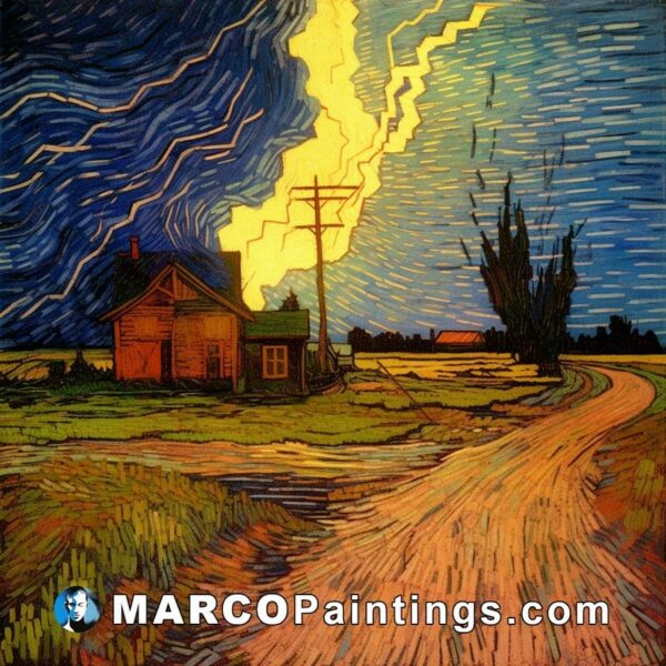 The painting in van gogh's new painting is an image of a small house with the lightning over it
