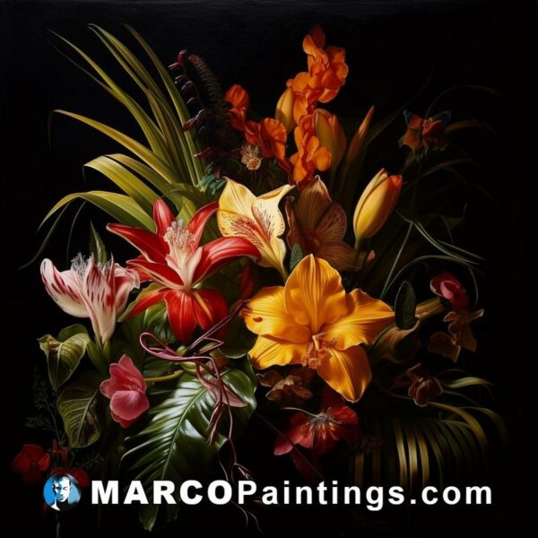 The painting is of yellow and orange flowers with a black background
