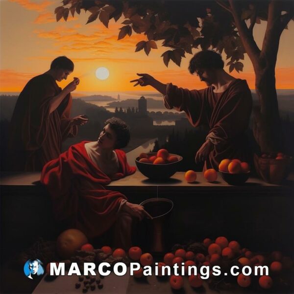 The painting of a man giving out fruit to others on a table