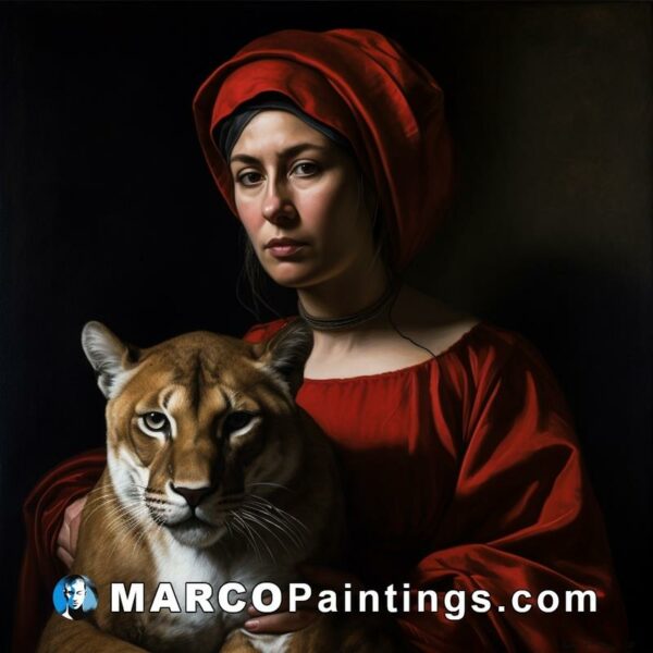 The painting of a woman holding a cat in red is on canvas