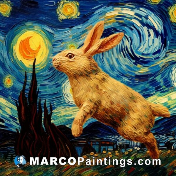 The painting of an animal in flight under the starry night depicts a rabbit