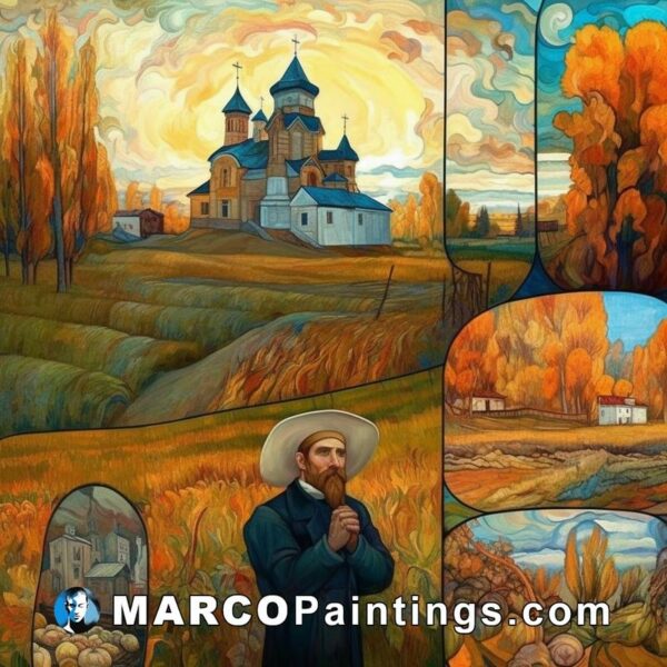 The paintings depict a man in a hat in a country scene
