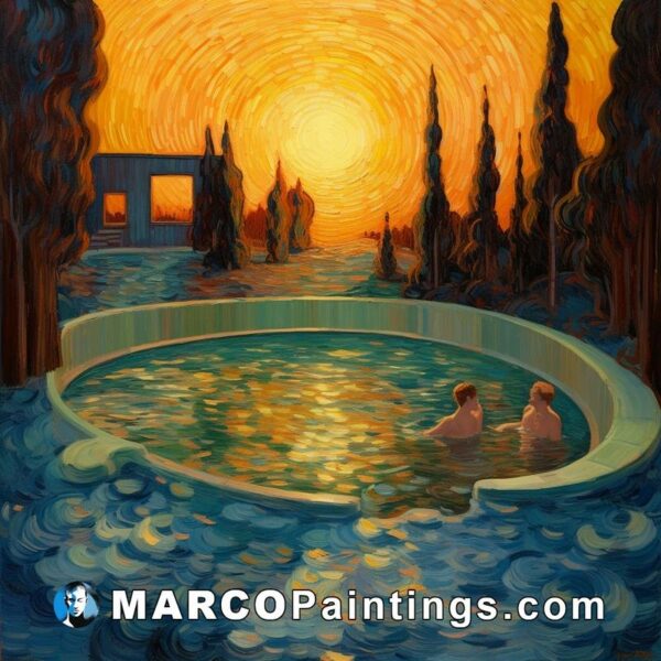 The paintings shows two people in an outdoor pool with sunrays glowing through the glass