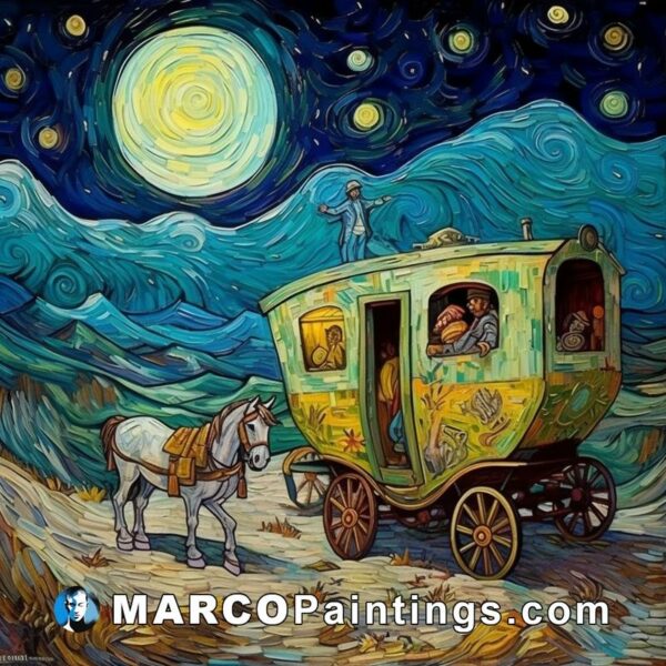 The picture depicts a wagon and a horse walking under the starry sky