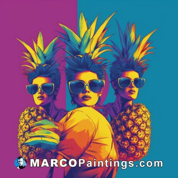 The portrait of three women with pineapples and sunglasses