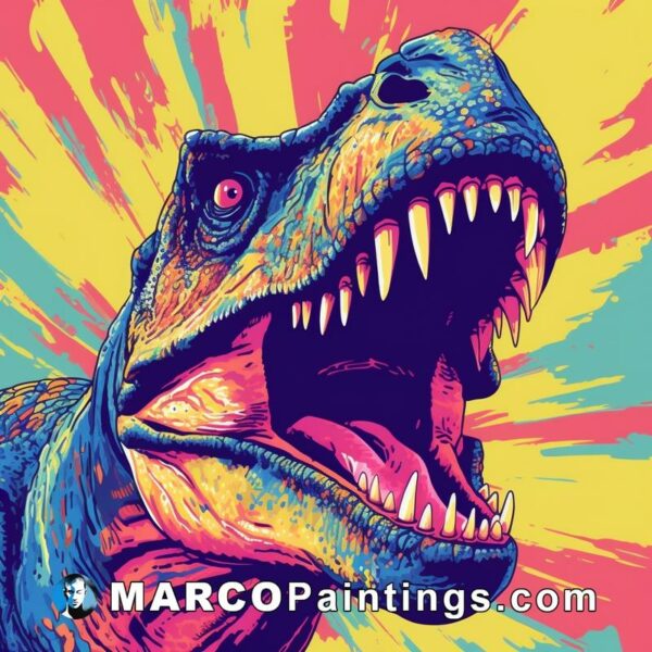 The t rex's mouth is open in its colorful colorful background