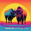 The two bisons standing against a colorful sunset