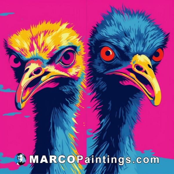 The two ostriches are shown in a beautiful pink and blue color
