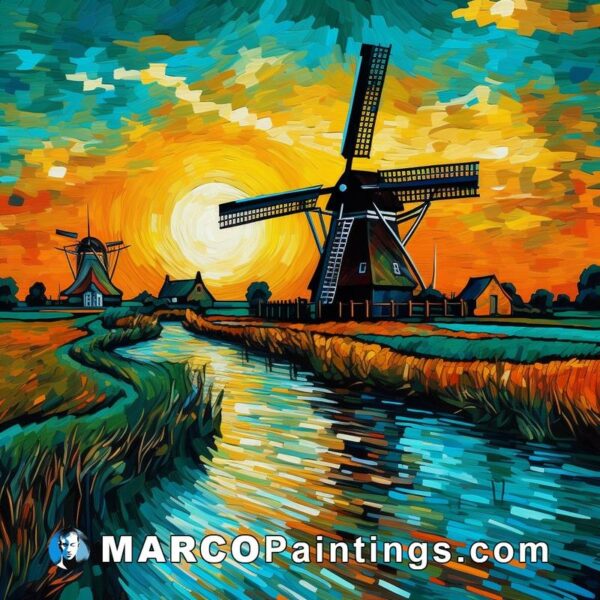 The windmill on the river is painted by a man