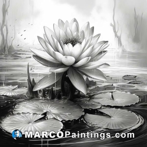 This black and white drawing features a flower with leaves in a water lily