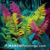 This colorful painting shows colorful ferns in the fern swamp
