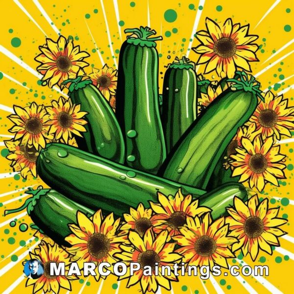 This illustration has cucumbers with yellow circles and sunflowers