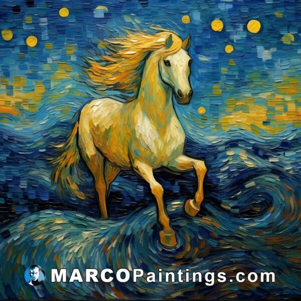 This painting shows a white horse riding in waves at night