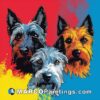 Three dogs are drawn on a colorful background with colorful stripes