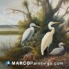 Three great white egrets near a treeline