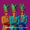 Three men with pineapples on their hair