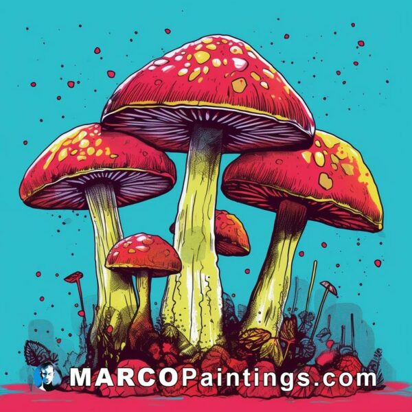 Three mushrooms in a colorful drawing