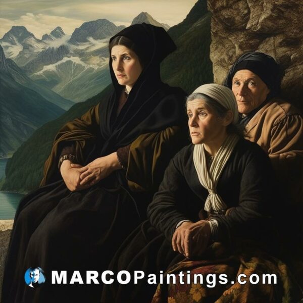 Three women sitting in a black background and a cliff view