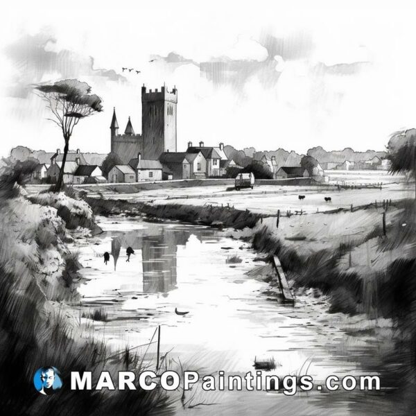 Traditional black and white drawing of an irish town
