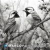 Two birds sitting on a tree branch in black and white