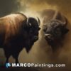 Two bison standing in the middle of a field of dust