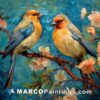 Two blue birds sit on a branch with flowers