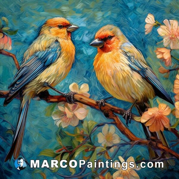 Two blue birds sit on a branch with flowers