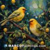 Two bright yellow birds perched on a tree branch painting